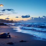 A photograph of a serene coastal scene at dusk