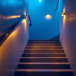 A photograph of a well-lit basement stairway showcasing a combination of stylish lighting fixtures and practical illumination