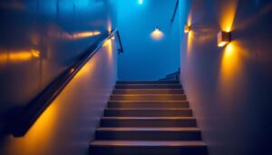 A photograph of a well-lit basement stairway showcasing a combination of stylish lighting fixtures and practical illumination