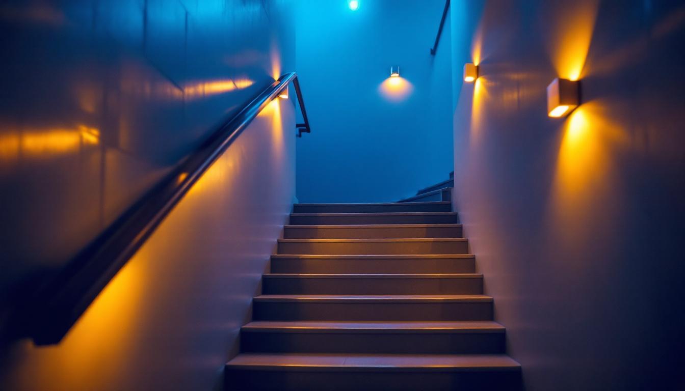A photograph of a well-lit basement stairway showcasing a combination of stylish lighting fixtures and practical illumination