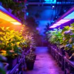 A photograph of a vibrant indoor garden illuminated by a variety of energy-efficient grow lights