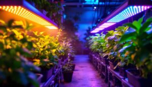 A photograph of a vibrant indoor garden illuminated by a variety of energy-efficient grow lights