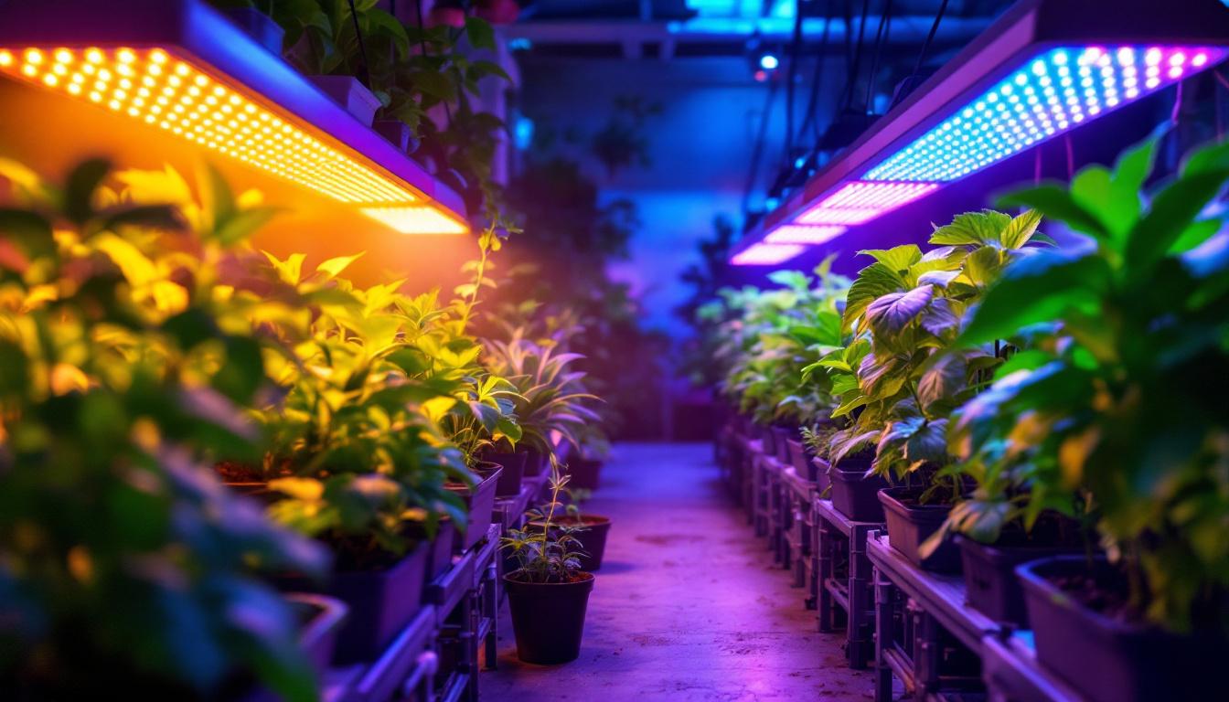 A photograph of a vibrant indoor garden illuminated by a variety of energy-efficient grow lights
