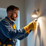 A photograph of a lighting contractor installing inset lights in a modern interior space