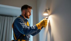 A photograph of a lighting contractor installing inset lights in a modern interior space