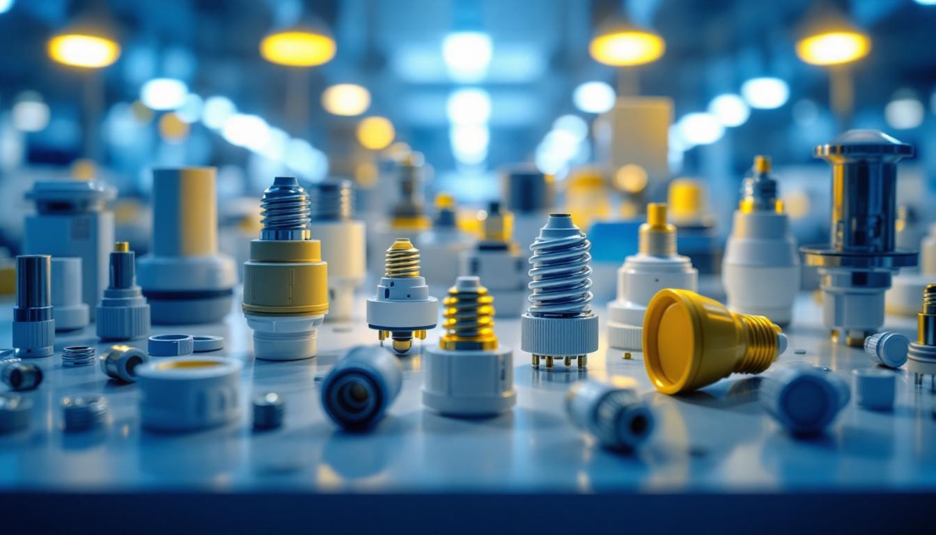 A photograph of a well-organized display of various types of light sockets in a brightly lit setting