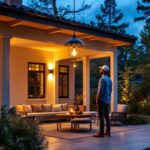 A photograph of a beautifully illuminated outdoor space showcasing an extra large pendant light in action
