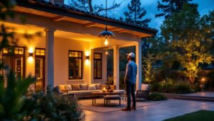 A photograph of a beautifully illuminated outdoor space showcasing an extra large pendant light in action