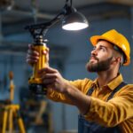 A photograph of a lighting contractor confidently installing an adjustable light mounting bracket in a well-lit workspace