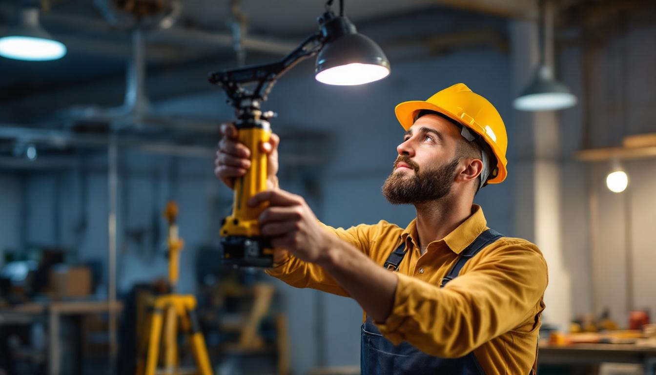 A photograph of a lighting contractor confidently installing an adjustable light mounting bracket in a well-lit workspace