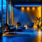 A photograph of a modern indoor or outdoor space illuminated by vibrant 20-foot led lights