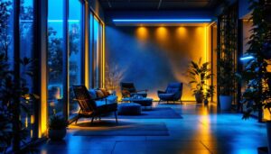 A photograph of a modern indoor or outdoor space illuminated by vibrant 20-foot led lights