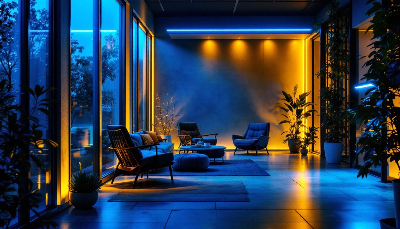 A photograph of a modern indoor or outdoor space illuminated by vibrant 20-foot led lights
