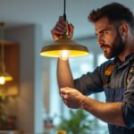 A photograph of a skilled lighting contractor expertly installing a stylish pendant light in a modern home setting