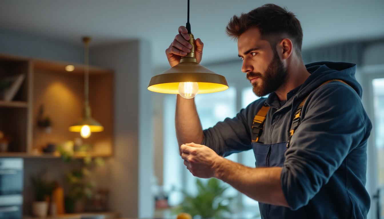 A photograph of a skilled lighting contractor expertly installing a stylish pendant light in a modern home setting