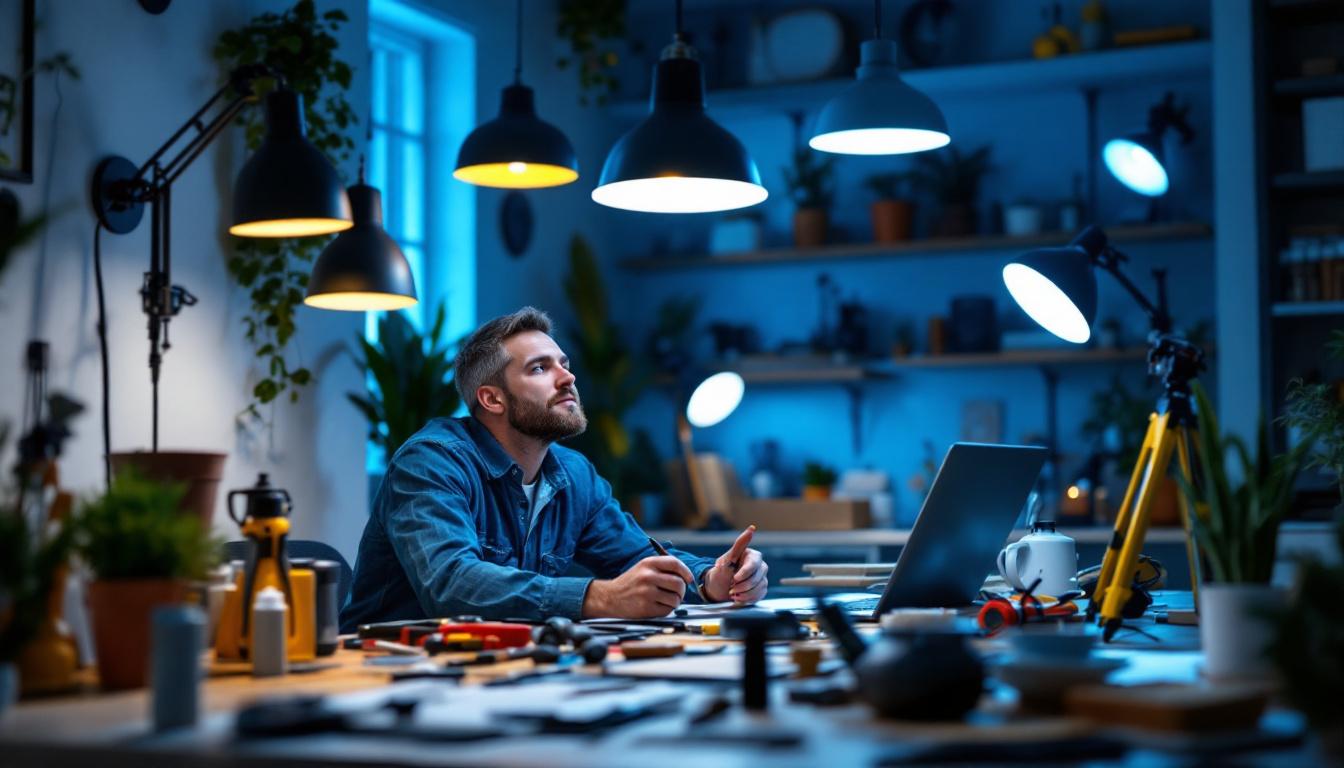 A photograph of a lighting contractor actively working on a residential or commercial project