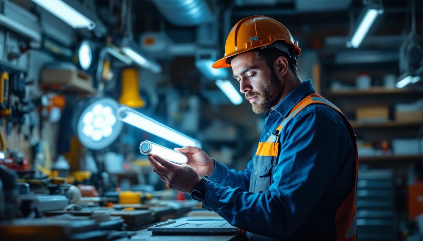 A photograph of a lighting contractor examining a t8 ballast in a well-lit workshop
