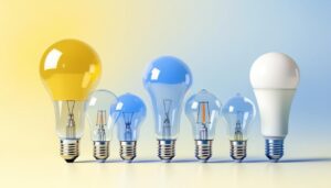 A photograph of a variety of light bulbs with different base sizes arranged aesthetically