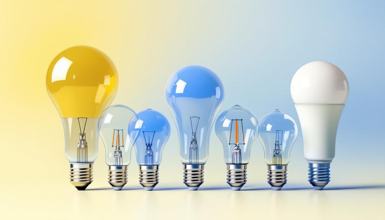 A photograph of a variety of light bulbs with different base sizes arranged aesthetically