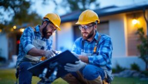 A photograph of a lighting contractor installing strong solar lights in a residential outdoor setting