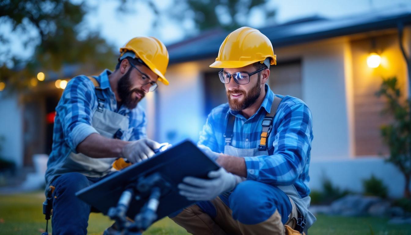 A photograph of a lighting contractor installing strong solar lights in a residential outdoor setting
