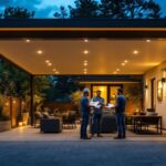 A photograph of a well-lit outdoor carport at dusk