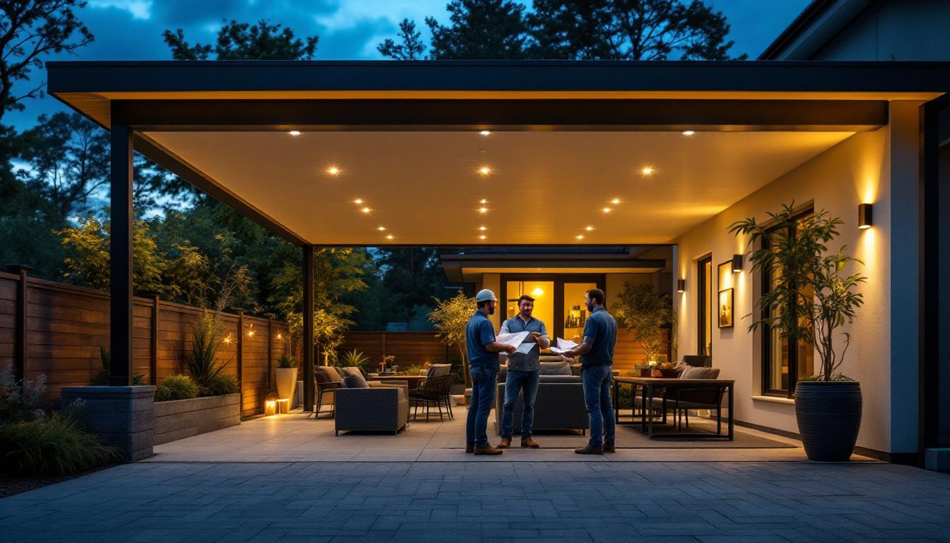 A photograph of a well-lit outdoor carport at dusk