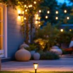 A photograph of a beautifully lit outdoor space featuring various styles of shepherd hook lights