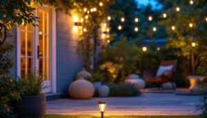A photograph of a beautifully lit outdoor space featuring various styles of shepherd hook lights