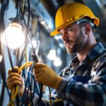 A photograph of a lighting contractor skillfully managing various types of cords and cables while installing lights in a well-lit workspace