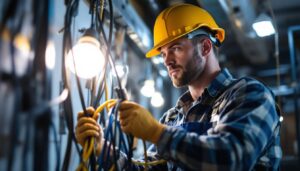 A photograph of a lighting contractor skillfully managing various types of cords and cables while installing lights in a well-lit workspace