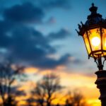 A photograph of an antique gas street lamp illuminated against a twilight sky