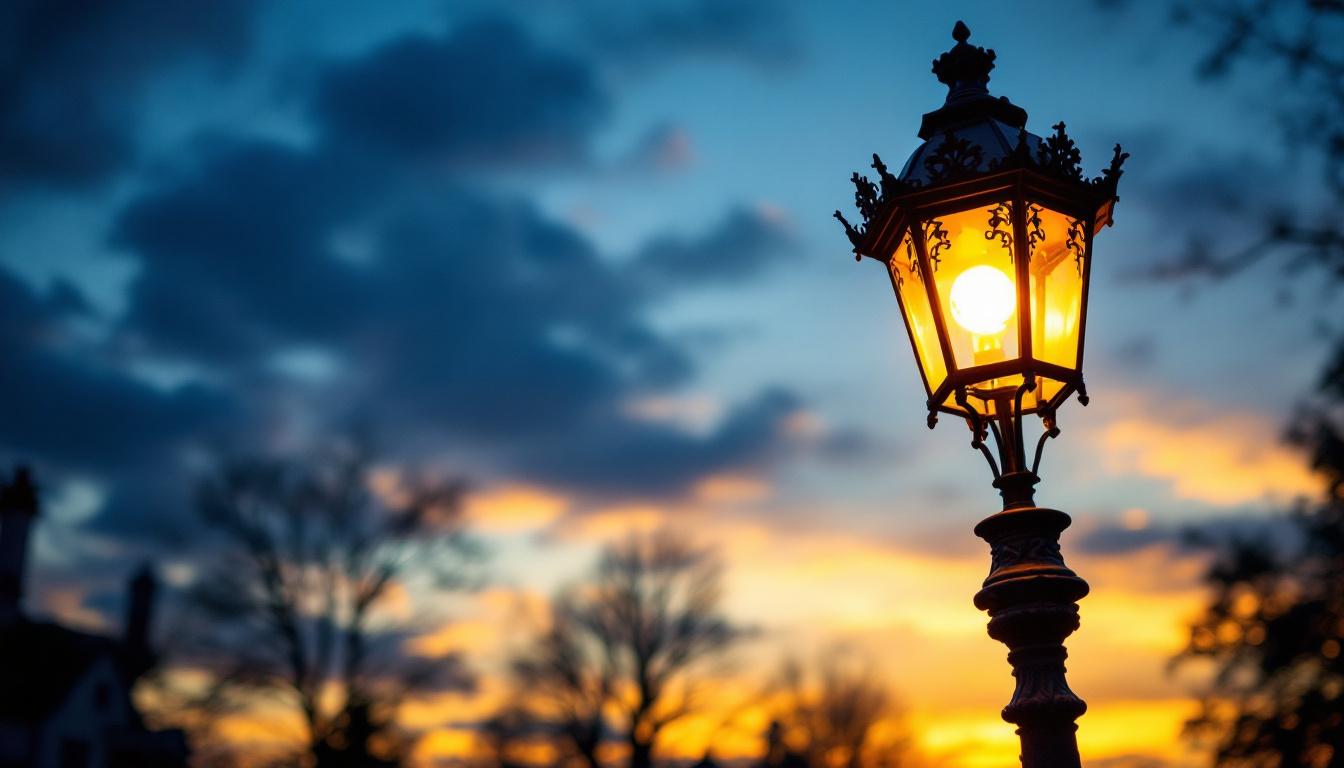 A photograph of an antique gas street lamp illuminated against a twilight sky