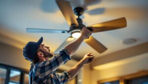 A photograph of a skilled lighting contractor installing or adjusting a stylish ceiling fan with metal blades in a modern interior setting