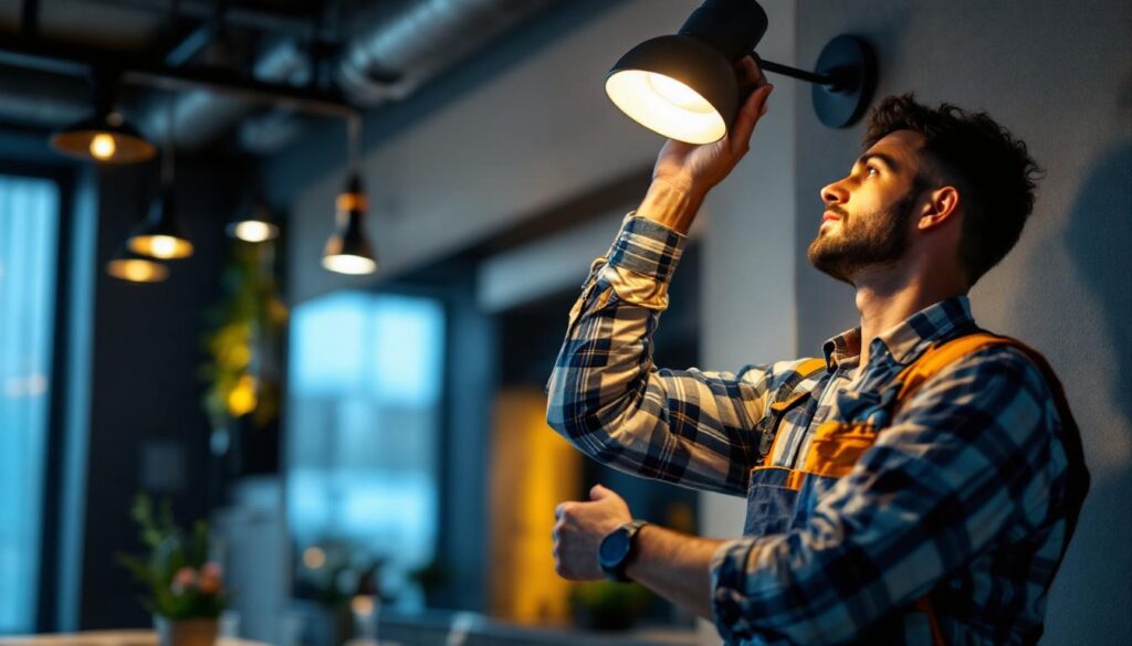 A photograph of a lighting contractor in action