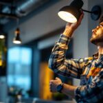 A photograph of a lighting contractor in action