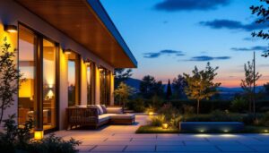 A photograph of a well-lit outdoor space showcasing various clearance outdoor lighting fixtures in use