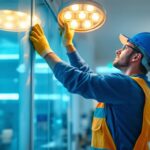 A photograph of a lighting contractor efficiently installing modern hospital lighting fixtures in a well-lit
