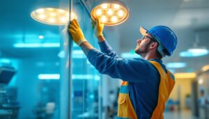 A photograph of a lighting contractor efficiently installing modern hospital lighting fixtures in a well-lit