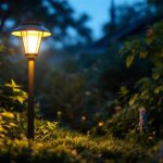 A photograph of a solar lamp illuminated at dusk