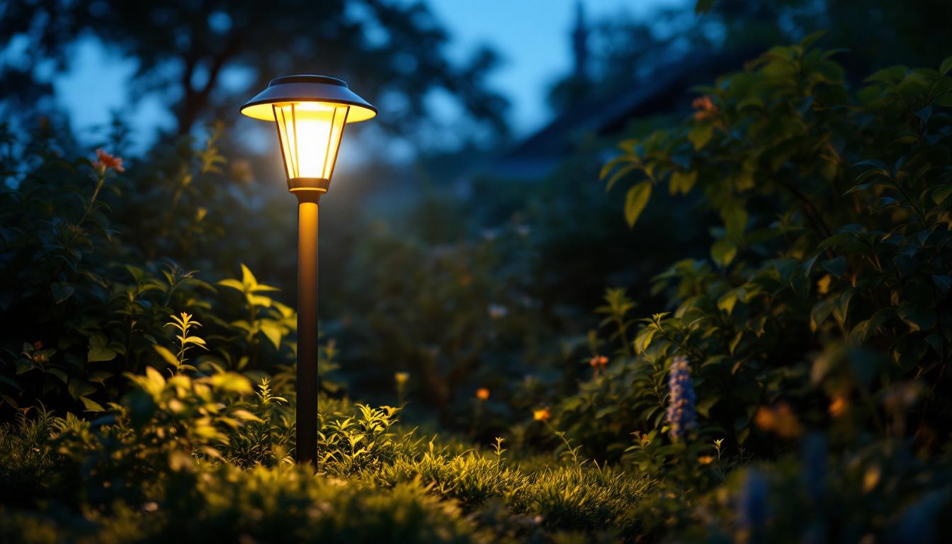 A photograph of a solar lamp illuminated at dusk
