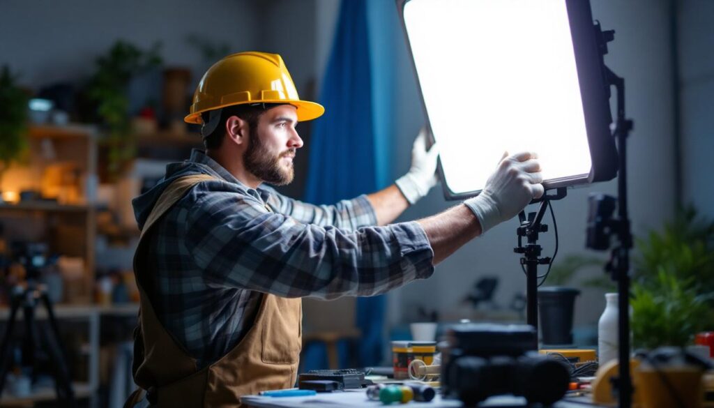 A photograph of a well-lit workspace featuring a lighting contractor expertly installing or adjusting a high-quality 5000 k led light fixture