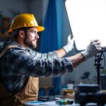 A photograph of a well-lit workspace featuring a lighting contractor expertly installing or adjusting a high-quality 5000 k led light fixture