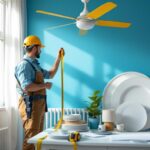 A photograph of a lighting contractor measuring a room with a tape measure