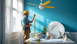 A photograph of a lighting contractor measuring a room with a tape measure