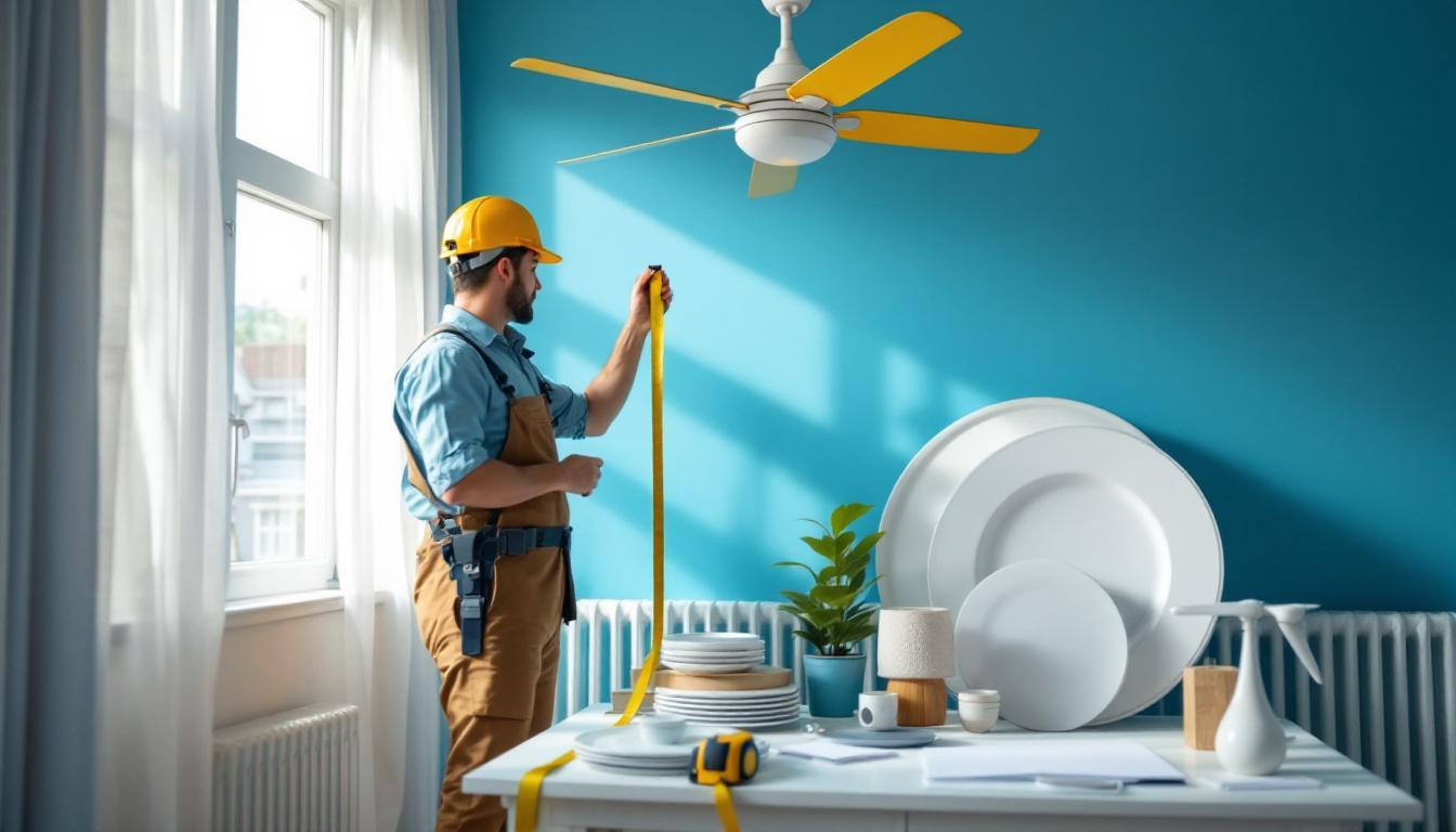 A photograph of a lighting contractor measuring a room with a tape measure