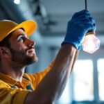 A photograph of a lighting contractor skillfully installing a prismatic light fixture in a modern space