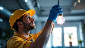 A photograph of a lighting contractor skillfully installing a prismatic light fixture in a modern space