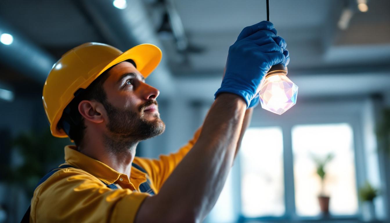 A photograph of a lighting contractor skillfully installing a prismatic light fixture in a modern space
