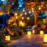 A photograph of a beautifully lit outdoor scene featuring solar lanterns in a garden or patio setting